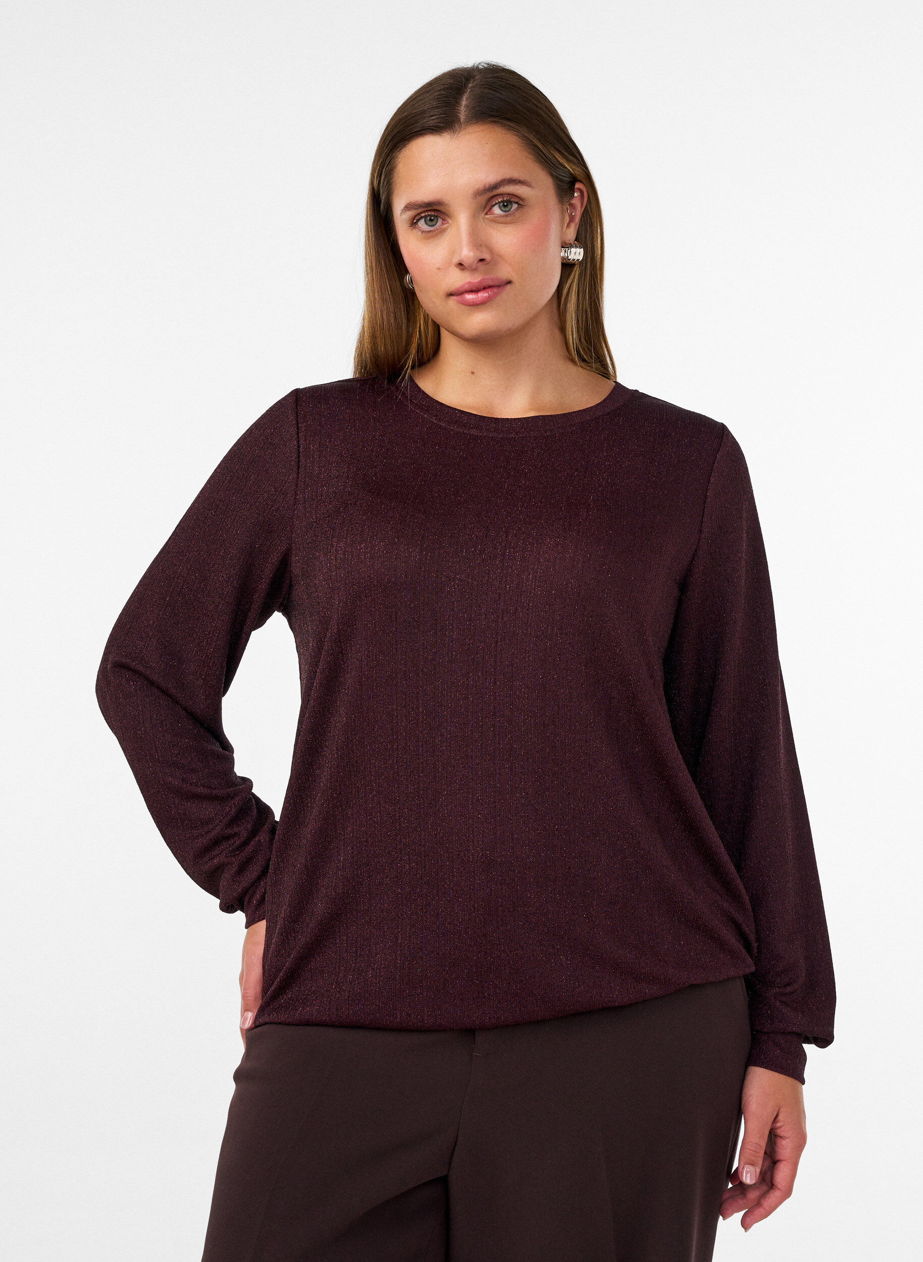 Blus med vertikal struktur och glittertr&aring;d, R&ouml;d, Model