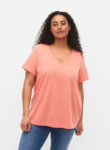 Kortärmad t-shirt med v-hals, Bright Coral, Model image number 0