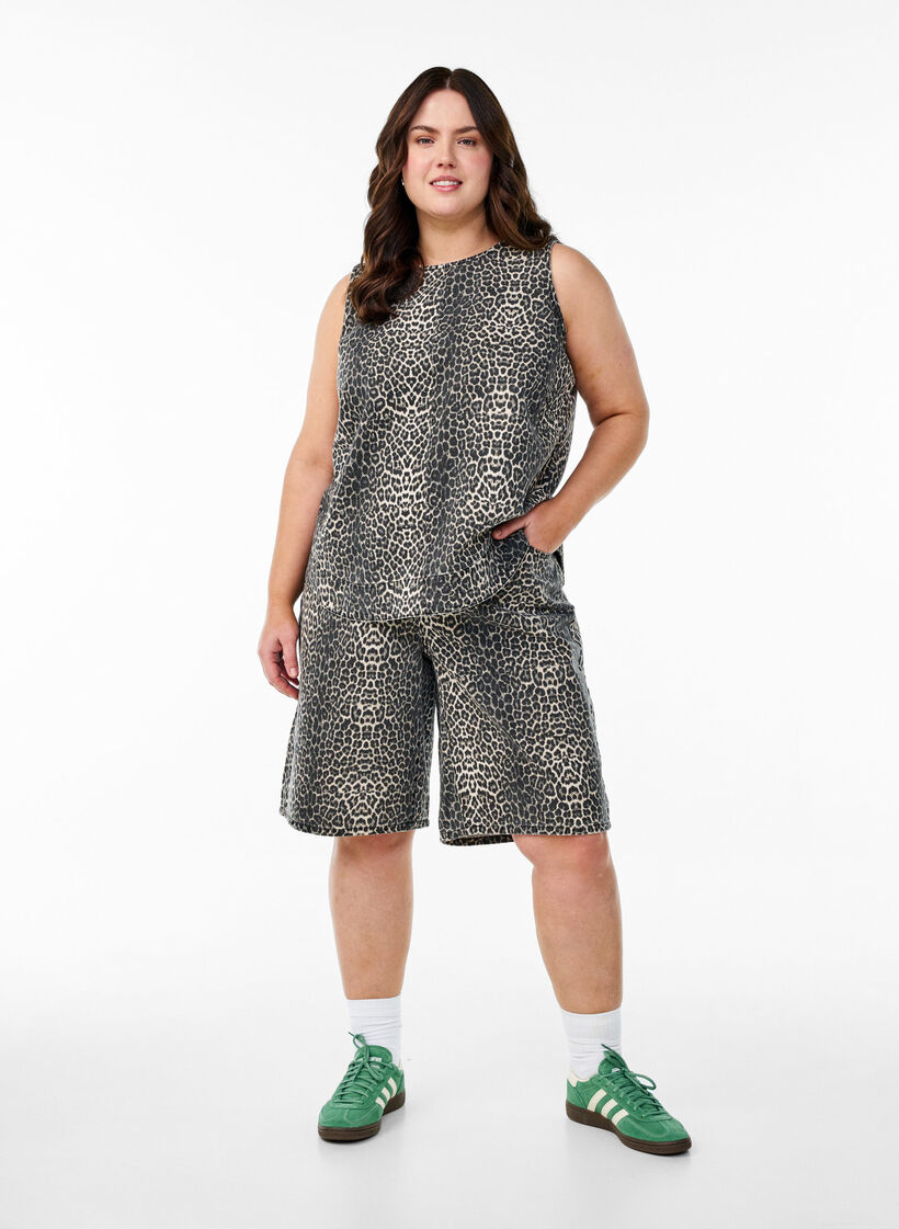 Leopardmönstrad denimtopp utan ärmar, Brun, Model image number 1