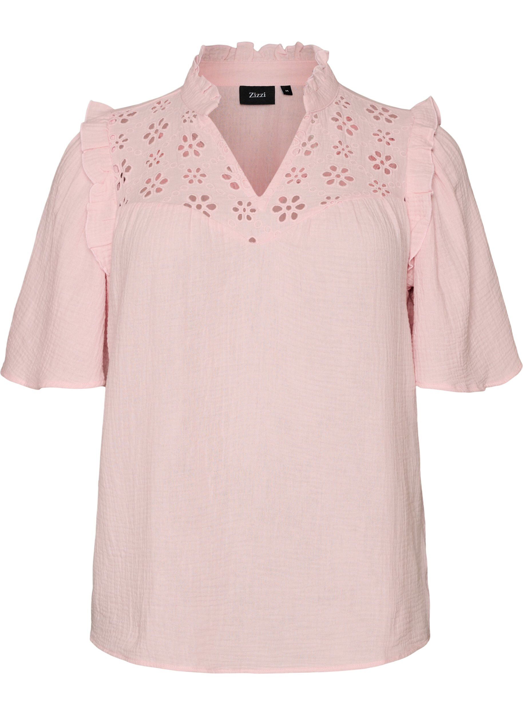 Blus i bomullsmuslin med broderie anglaise och 1/2-&auml;rm