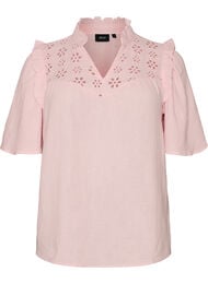 Blus i bomullsmuslin med broderie anglaise och 1/2-&auml;rm, Rosa