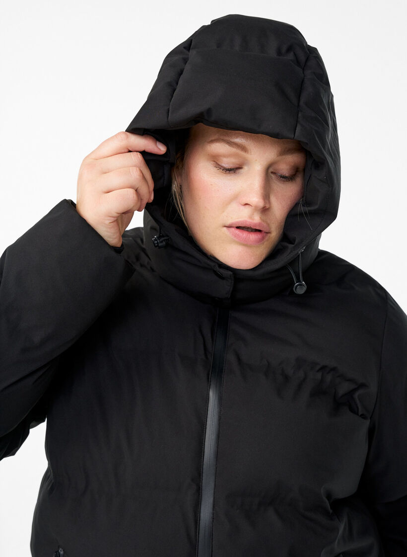 Kort pufferjacka med avtagbar huva, Svart, Model image number 3