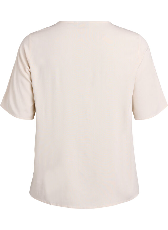 Kort&auml;rmad v&auml;vd blus med rund hals, Beige, Packshot image number 1