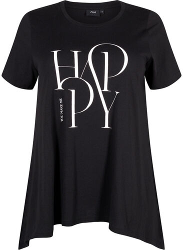 T-shirt i bomull med texttryck, Black HAPPY, Packshot image number 0