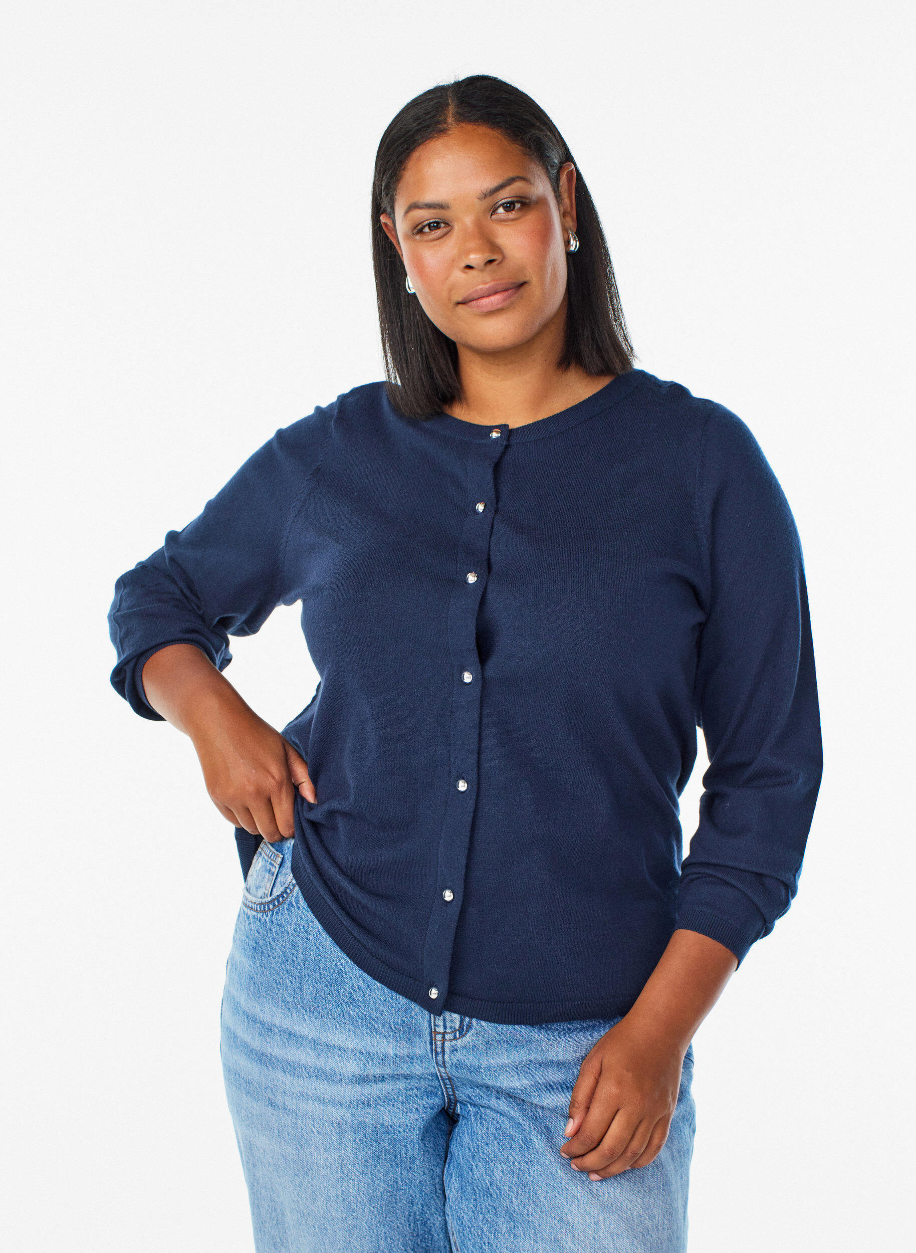 ZizziCardigan med runda knappar, Bl&aring;, Model image number 0