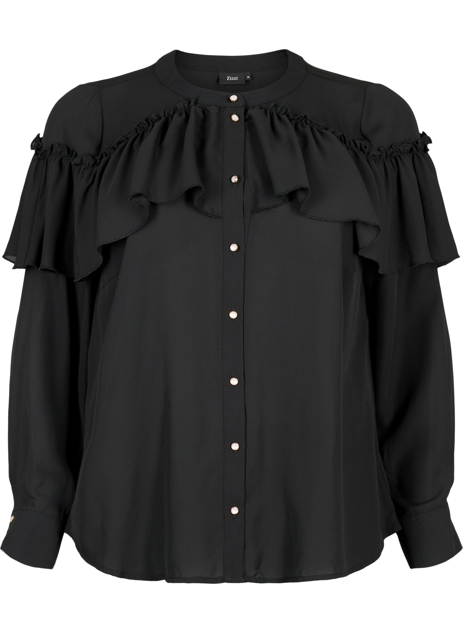 Zizzi Blus med volangskjorta med p&auml;rlknappar, Black, Packshot image number 0