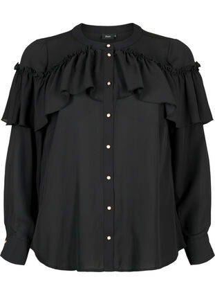 Blus med volangskjorta med pärlknappar, Black, Packshot image number 0