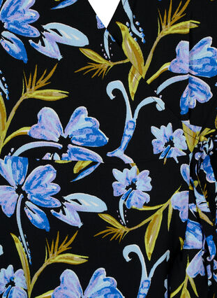 Tryckt omlottklänning med korta ärmar , Black Blue Flower, Packshot image number 2