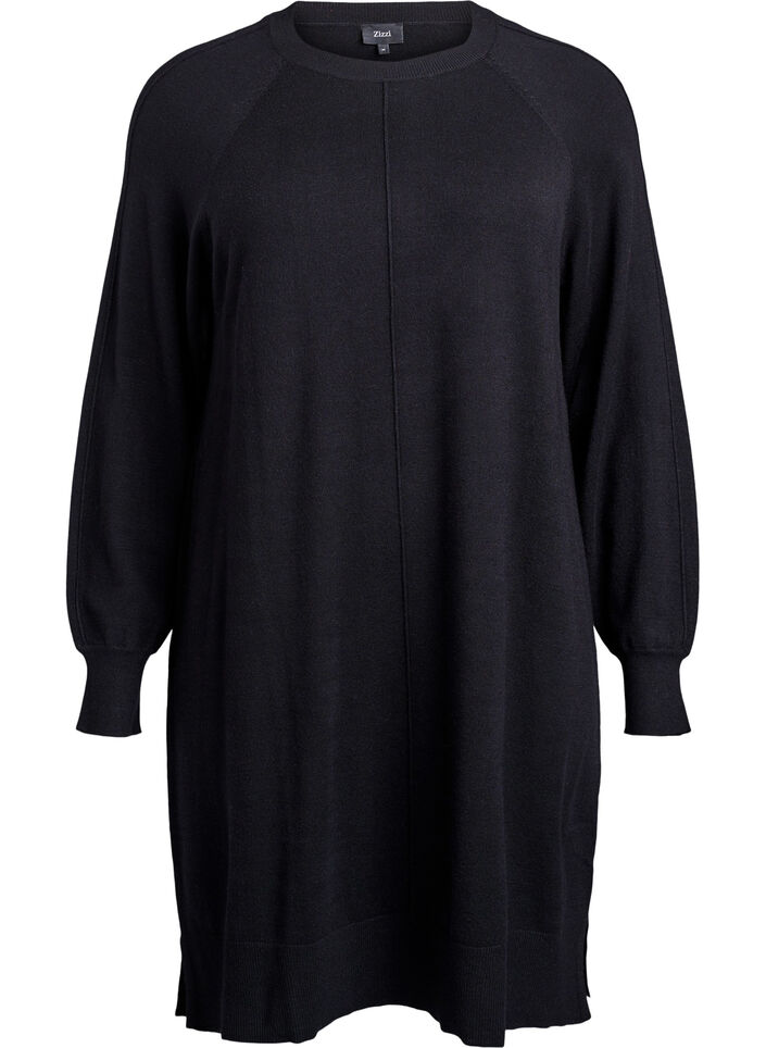 Stickad kort kl&auml;nning med raglan&auml;rm och mitts&ouml;m, Svart, Packshot image number 0