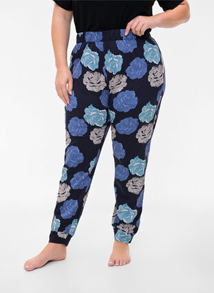 Pyjamasbyxor med blommigt mönster i bomull, Blue Flower, Model image number 2