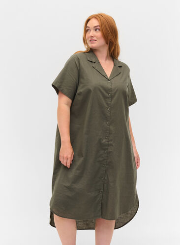 Lång bomullsskjorta med korta ärmar, Dusty Olive, Model image number 0
