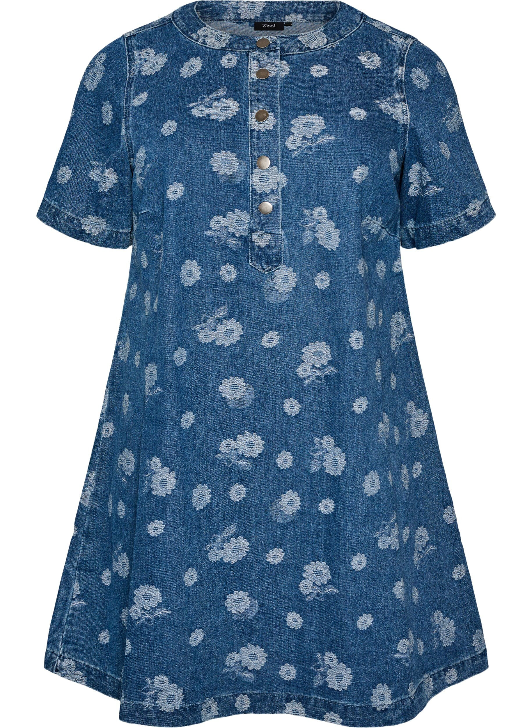 ZizziA-linjeformad kl&auml;nning i denim med blommigt m&ouml;nster, Bl&aring;, Packshot image number 0