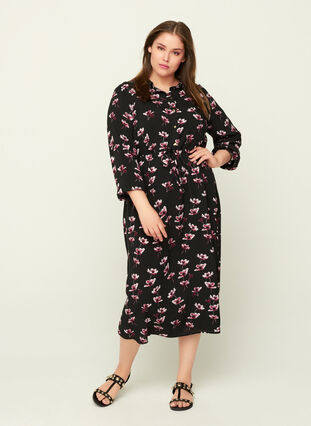 Midiklänning med blommönster, Black AOP, Model image number 0