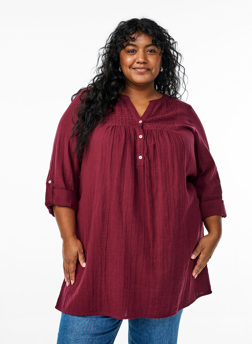 Tunika i bomullsmuslin med broderie anglaise, M&ouml;rk Bordeaux, Model image number 0