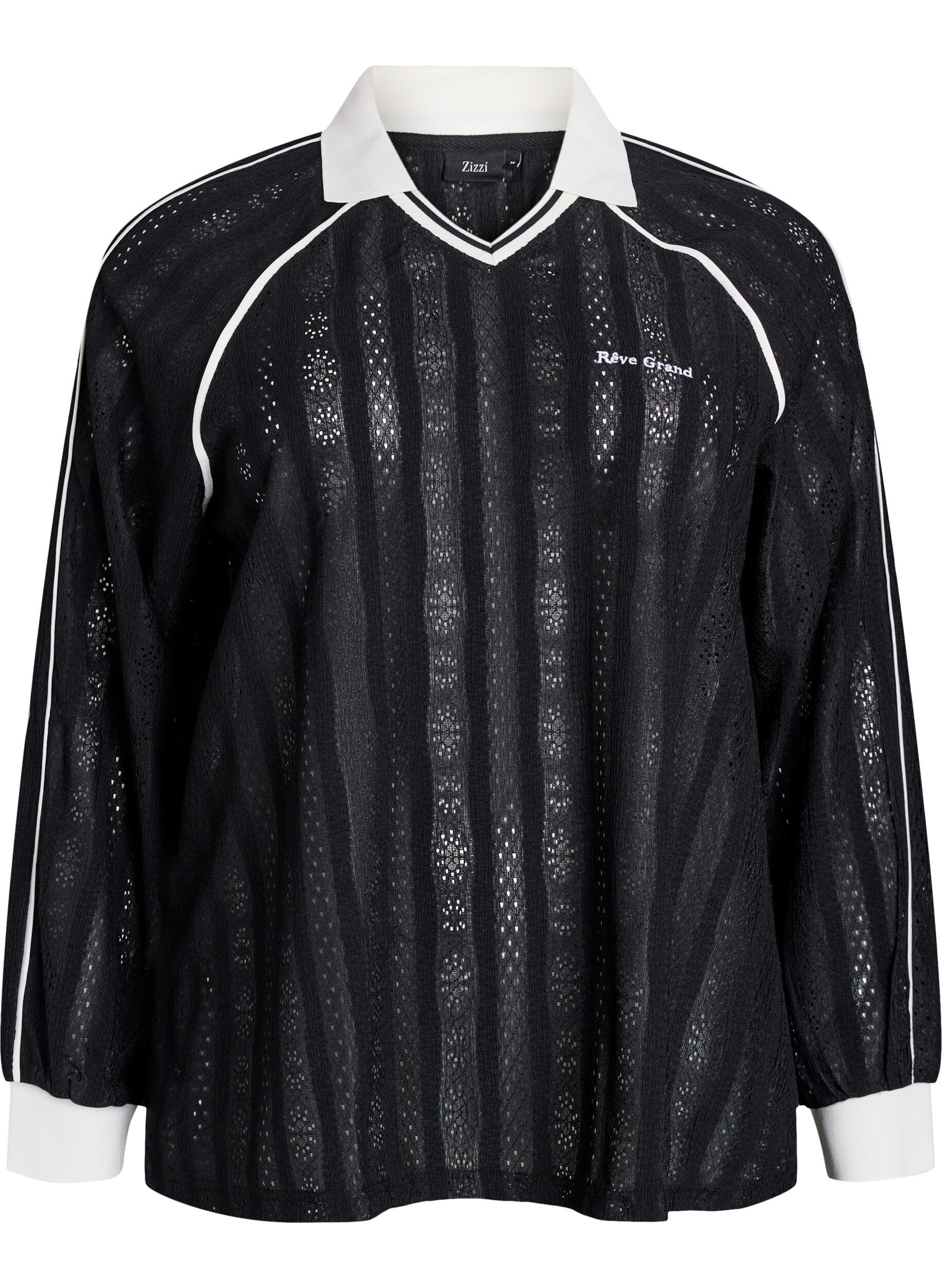 Zizzi Blus i texturerad jersey med kontrastdetaljer, Svart, Packshot image number 0