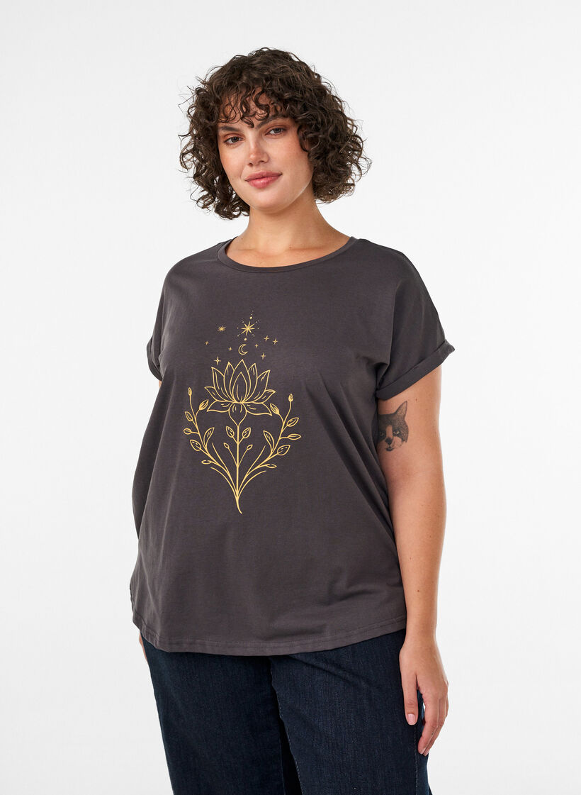 T-shirt med dekorativt tryck framtill, Gr&aring;, Model image number 0