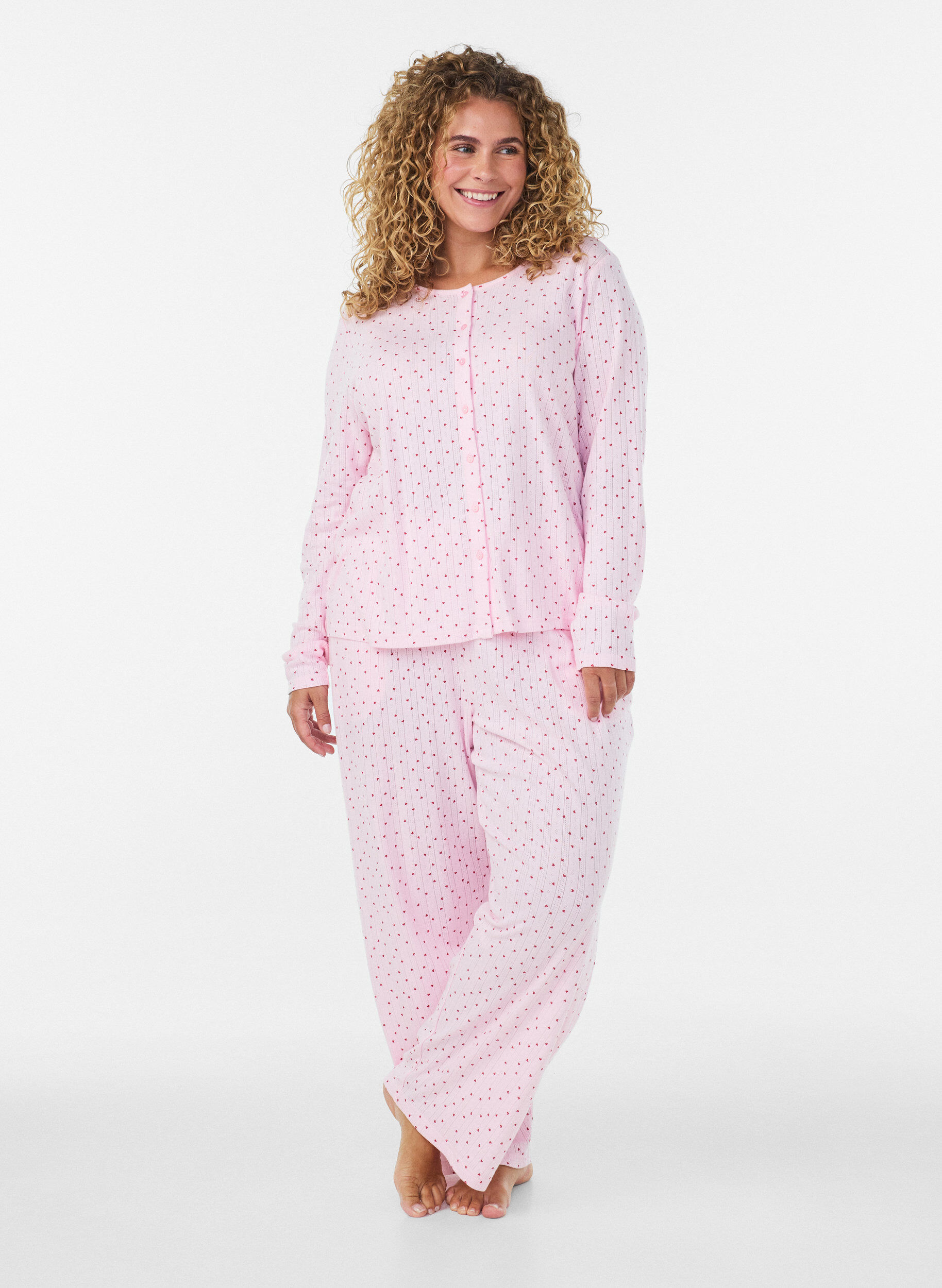 ZizziPyjamabyxor i ekologisk bomull med h&aring;lbrodyr, Rosa, Model image number 0