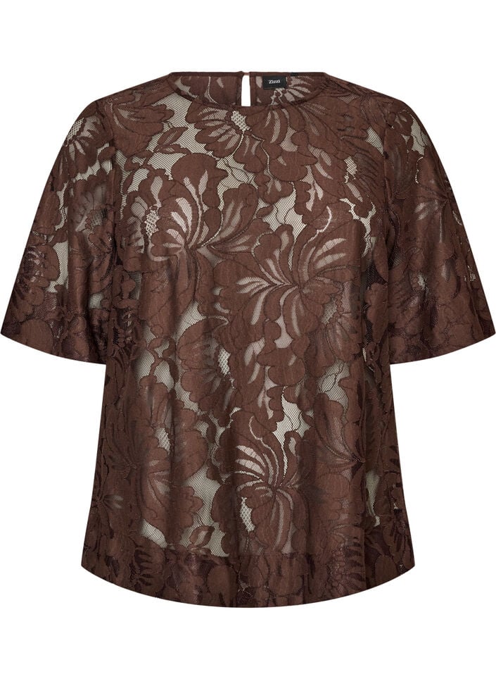 Kort&auml;rmad blus i spets, Brun, Packshot image number 0