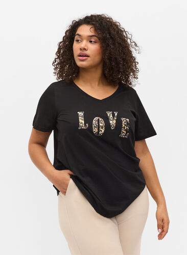 V-ringad t-shirt i bomull, Black Love Leo, Model image number 0