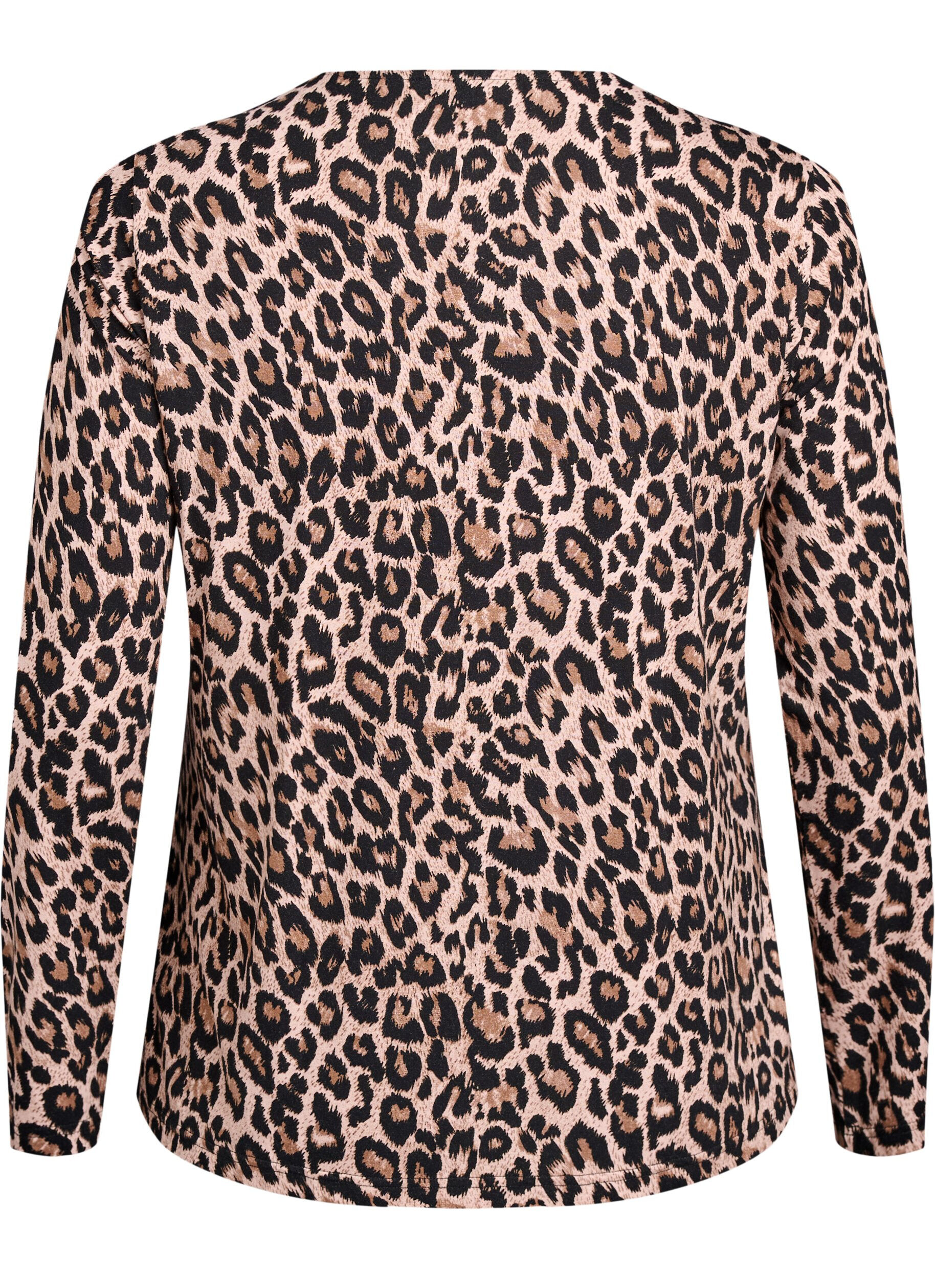 Zizzi L&aring;ng&auml;rmad blus med leopardm&ouml;nster, Brun, Packshot image number 1