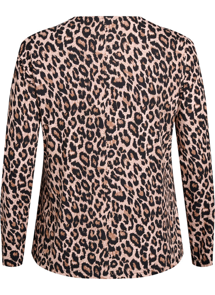 L&aring;ng&auml;rmad blus med leopardm&ouml;nster, Brun, Packshot image number 1