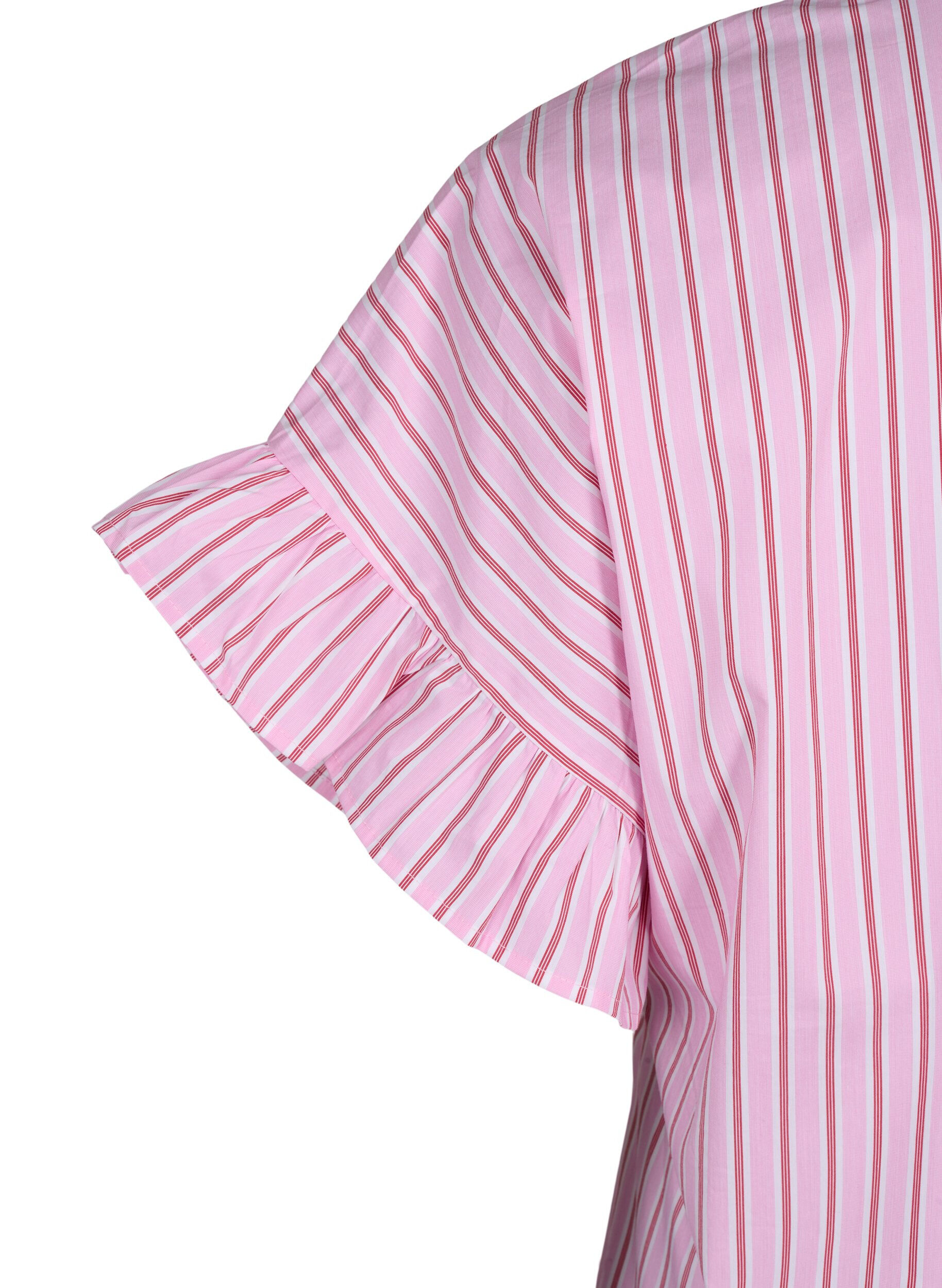 Zizzi Randig blus med peplum och volangdetaljer, Pink Red Stripe, Packshot image number 3
