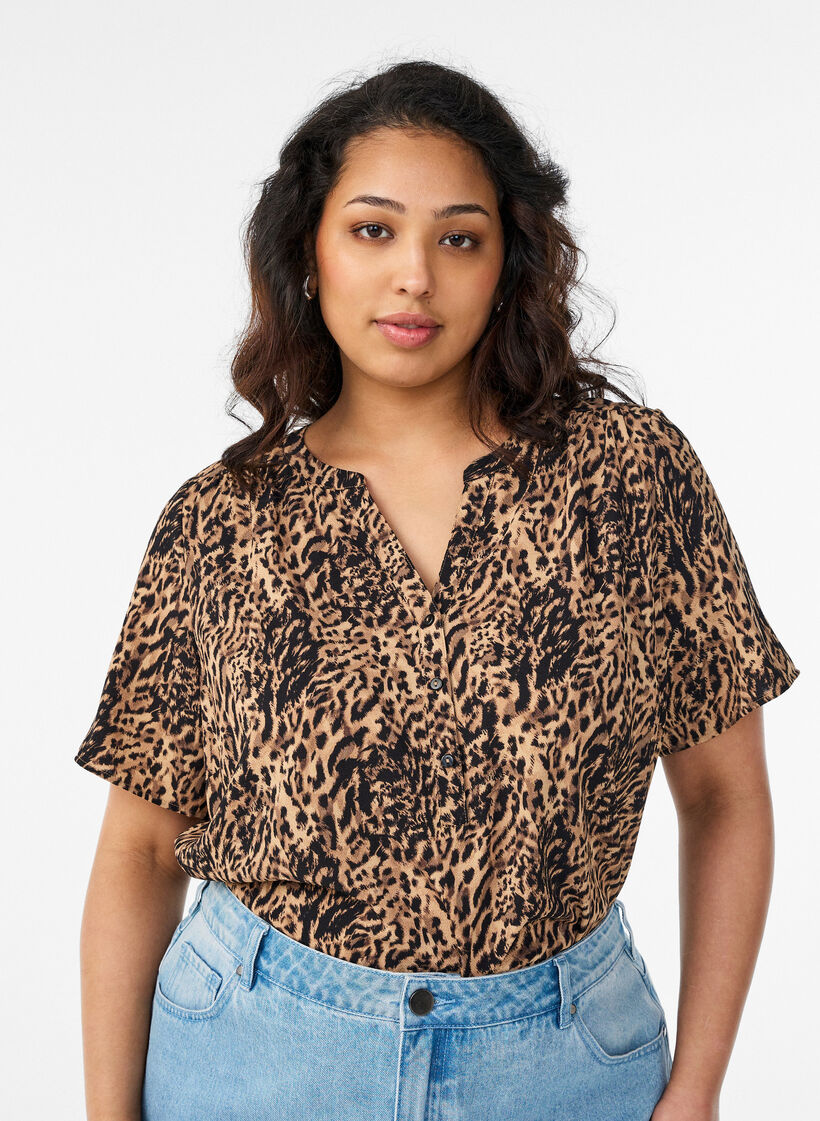 V-ringad blus med korta &auml;rmar, Brun, Model image number 0