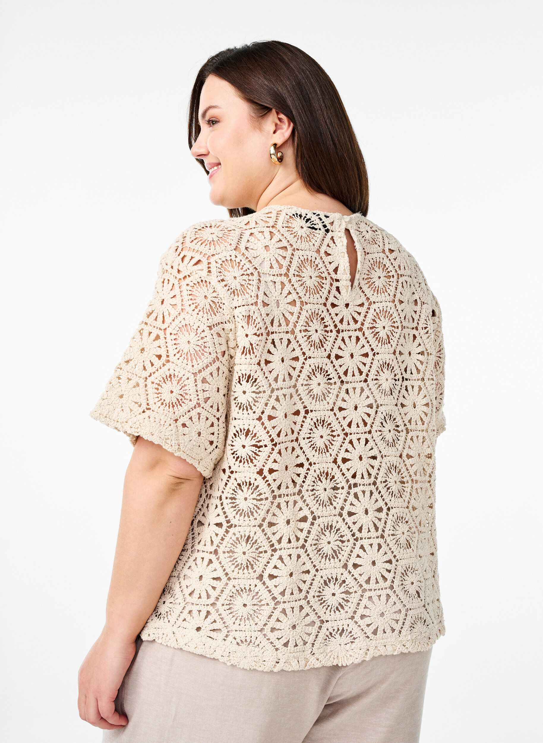Zizzi Virkad blus med korta &auml;rmar, Beige, Model image number 2