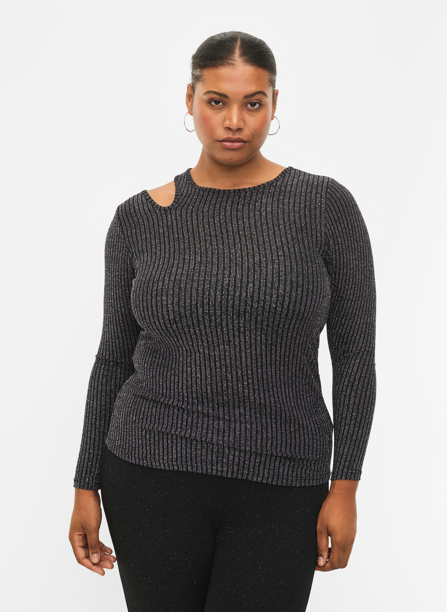 Zizzi L&aring;ng&auml;rmad blus med utsk&auml;rning och glitter, B. w. Silver Stripes, Model image number 0