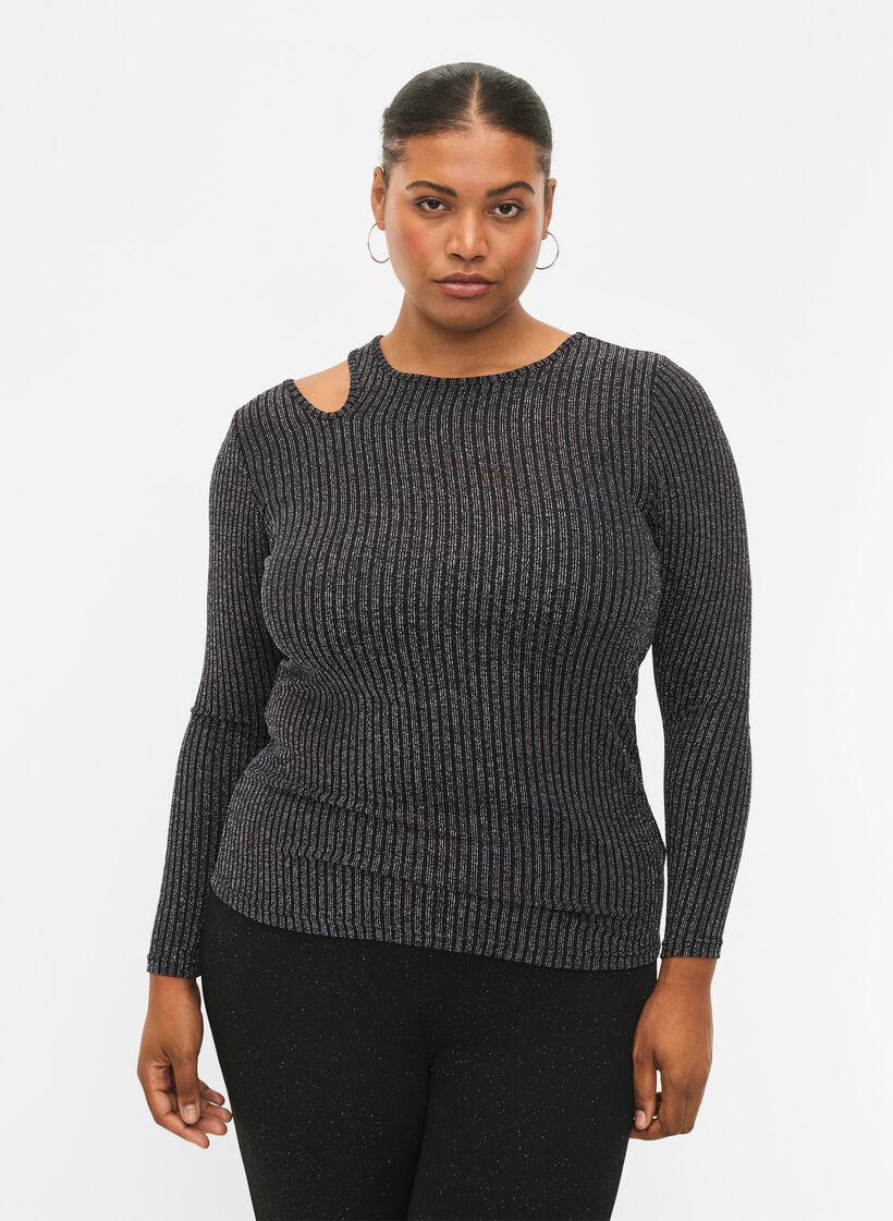 Långärmad blus med utskärning och glitter, B. w. Silver Stripes, Model image number 0