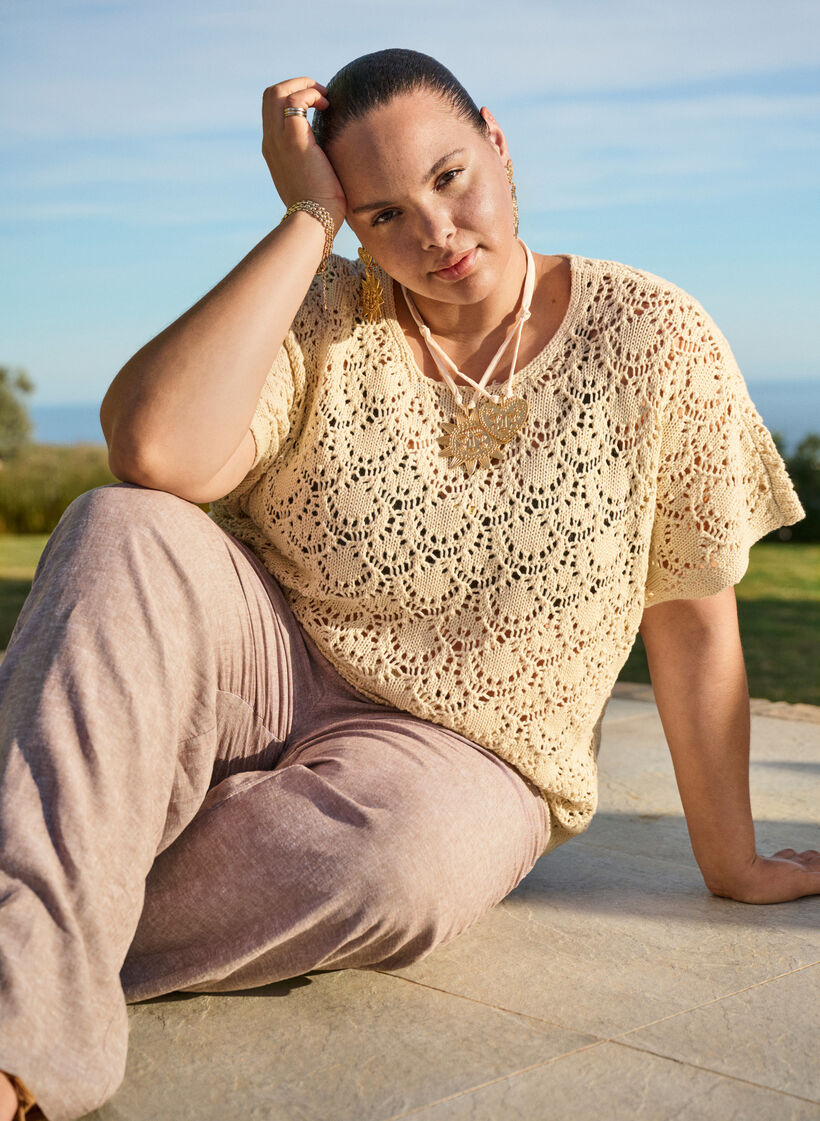 Stickad blus med korta fladdermus&auml;rmar, Beige, Image image number 0