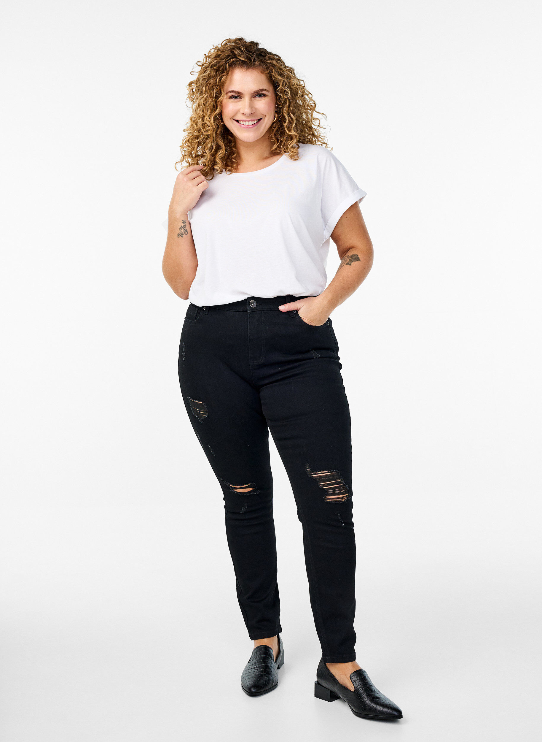 Zizzi Kort&auml;rmad t-shirt i bomullsmix, Vit, Model image number 1