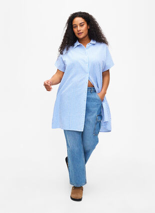 Lång randig bomullsskjorta, Light Blue Stripe, Model image number 2
