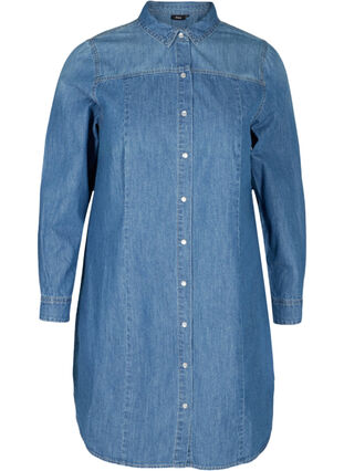 Lång jeansskjorta i bomull, Blue denim, Packshot image number 0