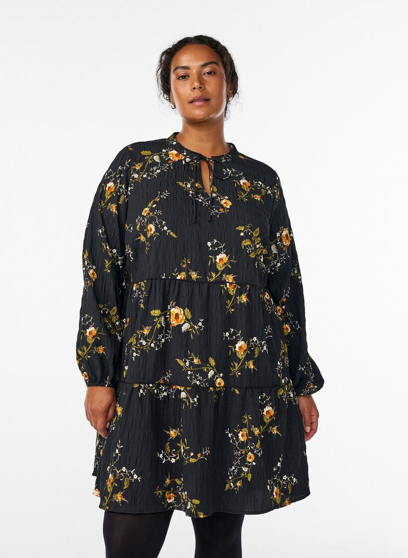 Kl&auml;nning med blommigt tryck och knytning, Svart, Model image number 0