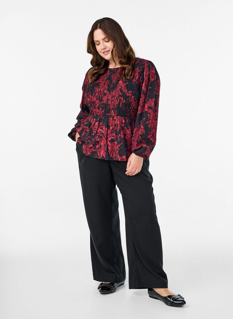 Blus med smock och l&aring;nga &auml;rmar, Svart, Model image number 1