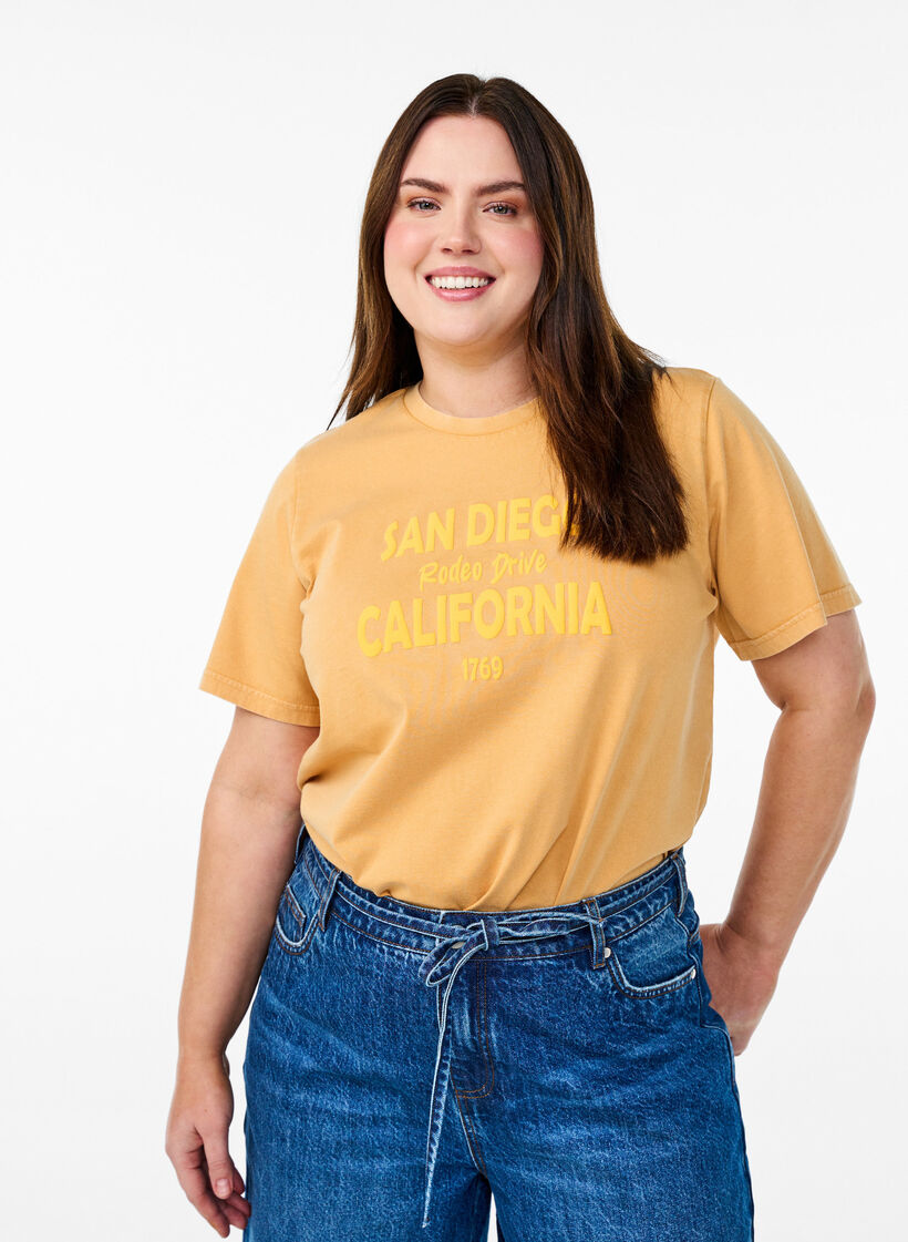 T-shirt i ekologisk bomull med coolt tryck, Gul, Model image number 0