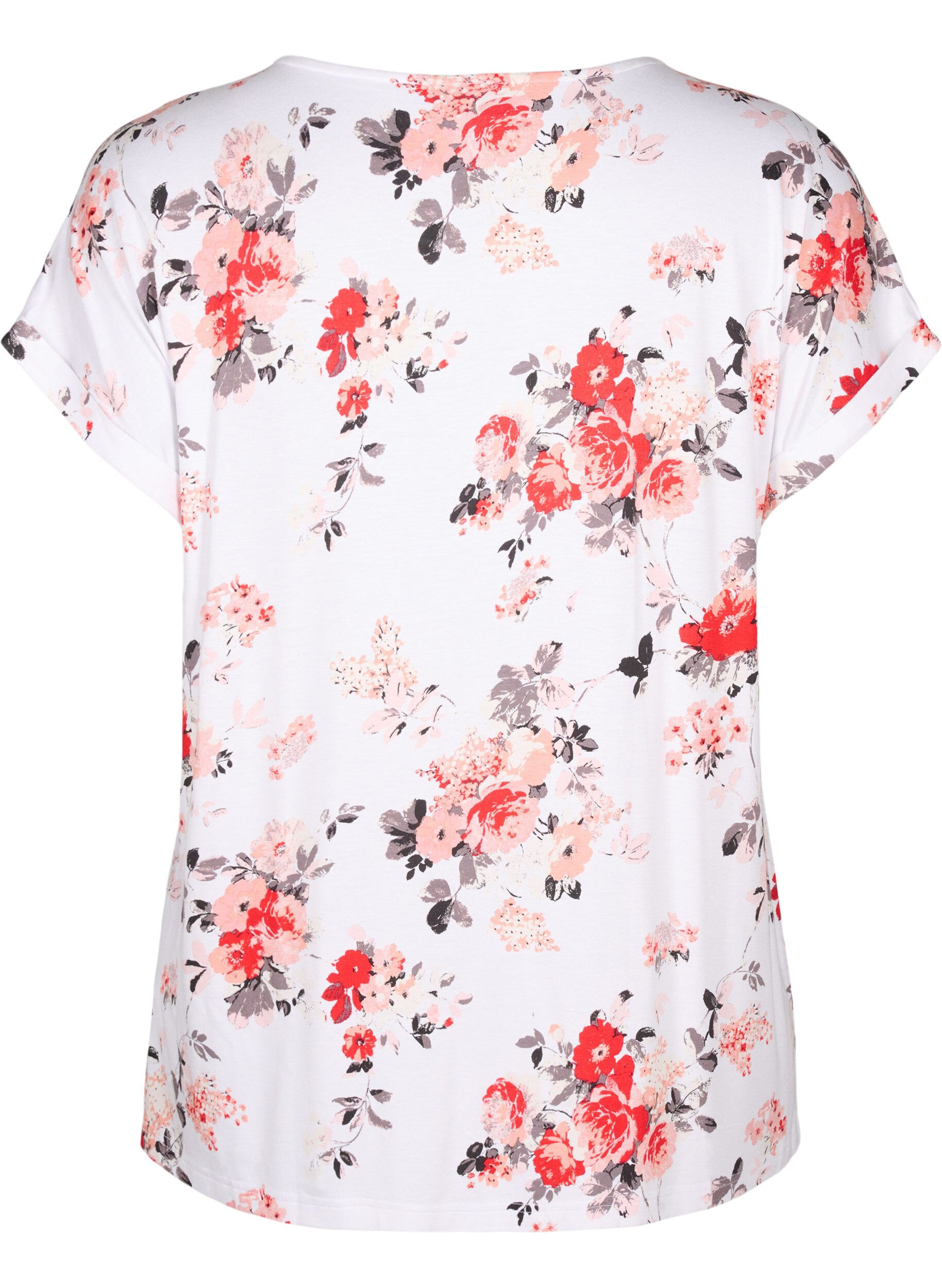 Zizzi Blommig blus i viskos med kort &auml;rm, White AOP flower, Packshot image number 1