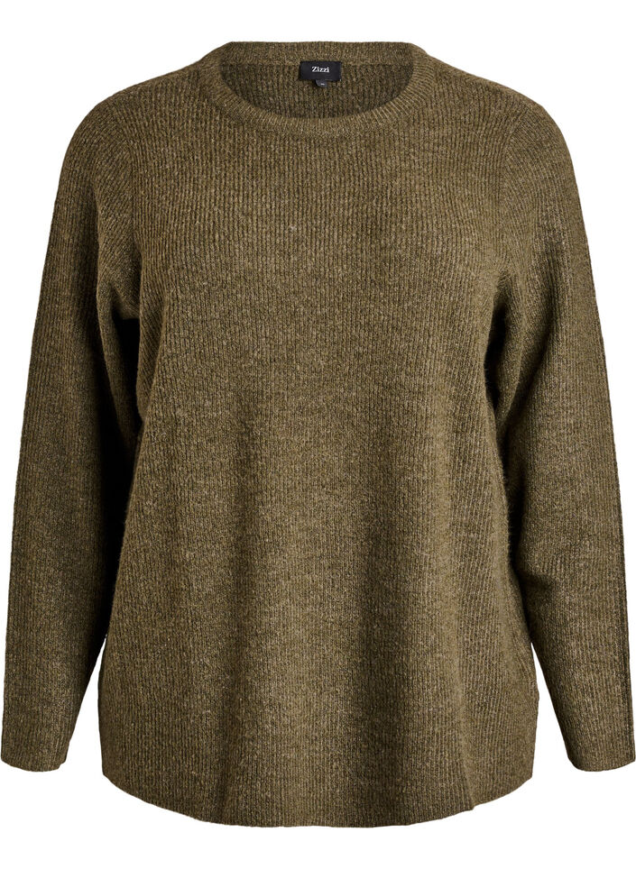 Melerad stickad blus med rund hals, Grön, Packshot image number 0