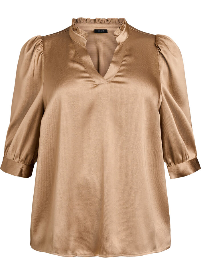 Blus i satinlook med halvl&aring;nga &auml;rmar och volangkrage, Brun, Packshot image number 0