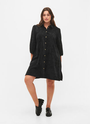 Klänning i sammet med 3/4-ärm och knappar	, Black, Model image number 2