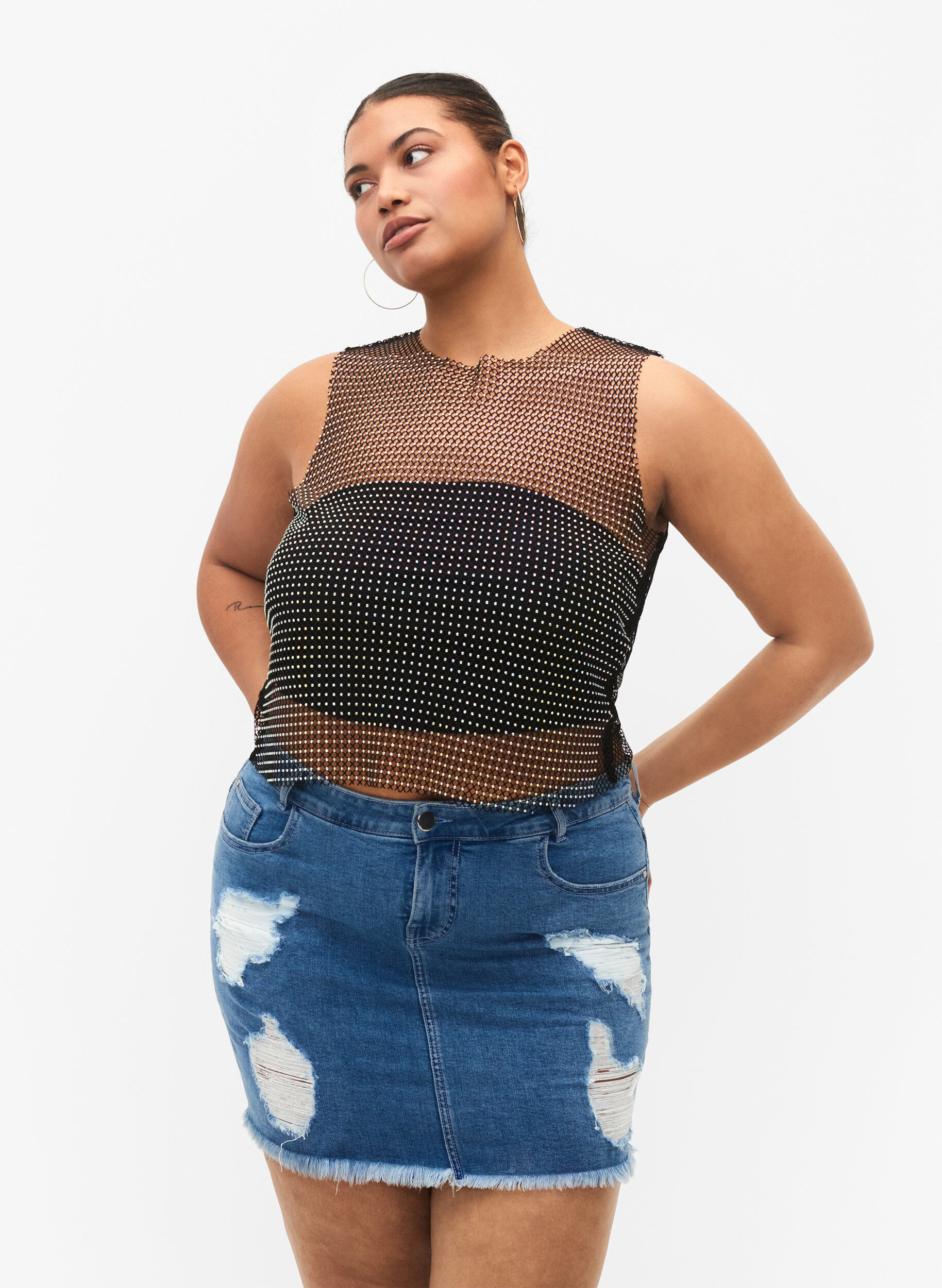 Zizzi Kroppsn&auml;ra denimkjol med r&aring; kant, Blue denim, Model image number 0