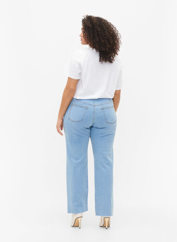 Högmidjade Gemma jeans med hål på knät, Ex Lgt Blue, Model image number 1