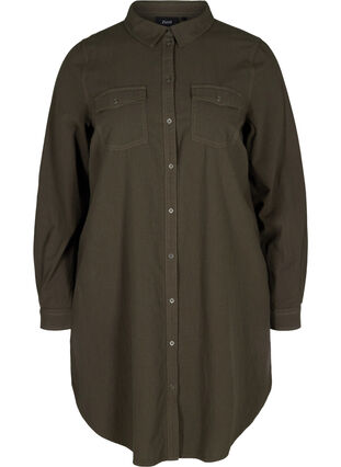 Lång bomullsskjorta med bröstfickor, Khaki Green, Packshot image number 0