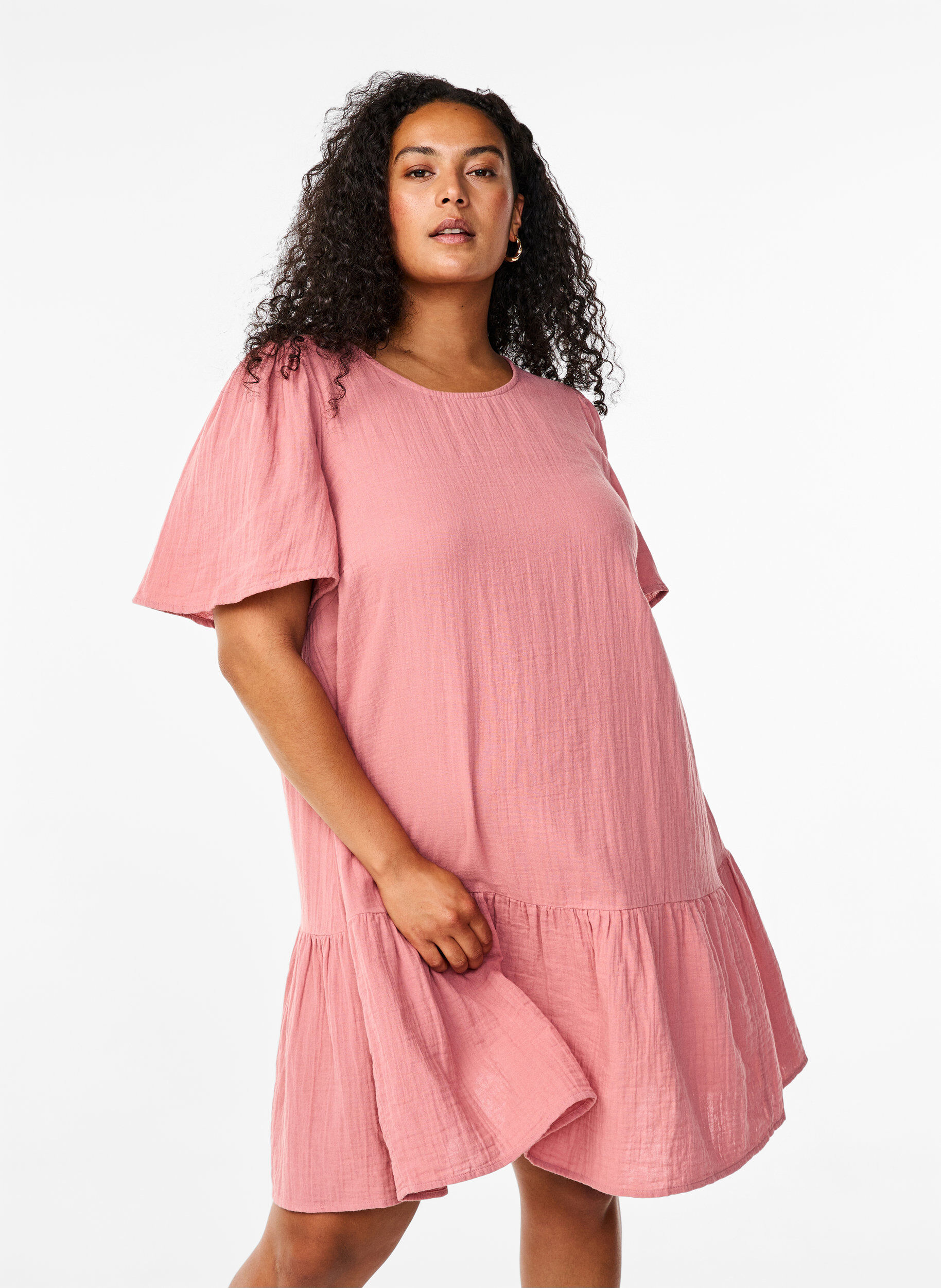 Zizzi Kort&auml;rmad kl&auml;nning i bomull med a-linjeformad sk&auml;rning, Old Rose, Model image number 0