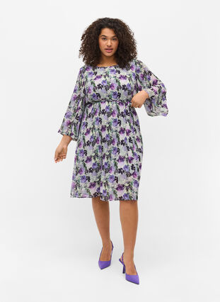 Plisserad klänning med mönster och knytband, Purple Flower Mix, Model image number 2