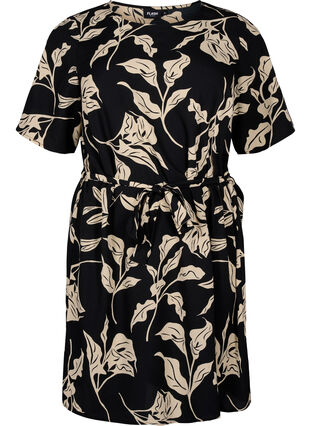 FLASH - Kortärmad klänning med skärp, Black Off White Fl., Packshot image number 0