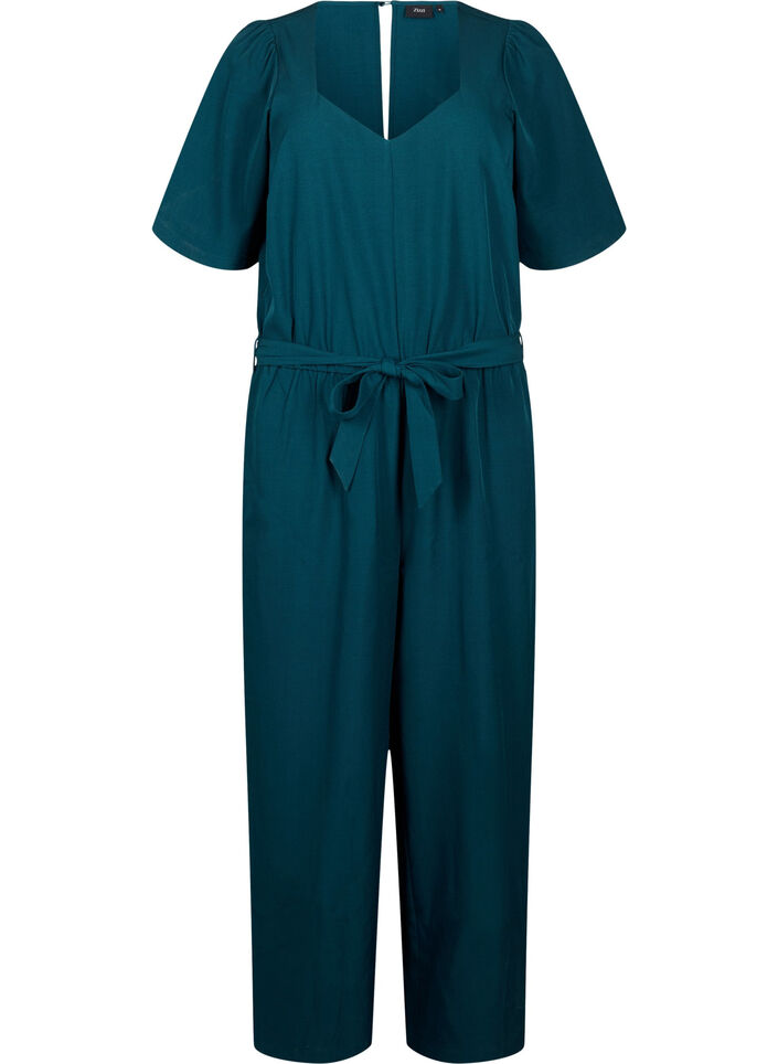 Jumpsuit med skärp och korta ärmar, Sea Moss Melange, Packshot image number 0