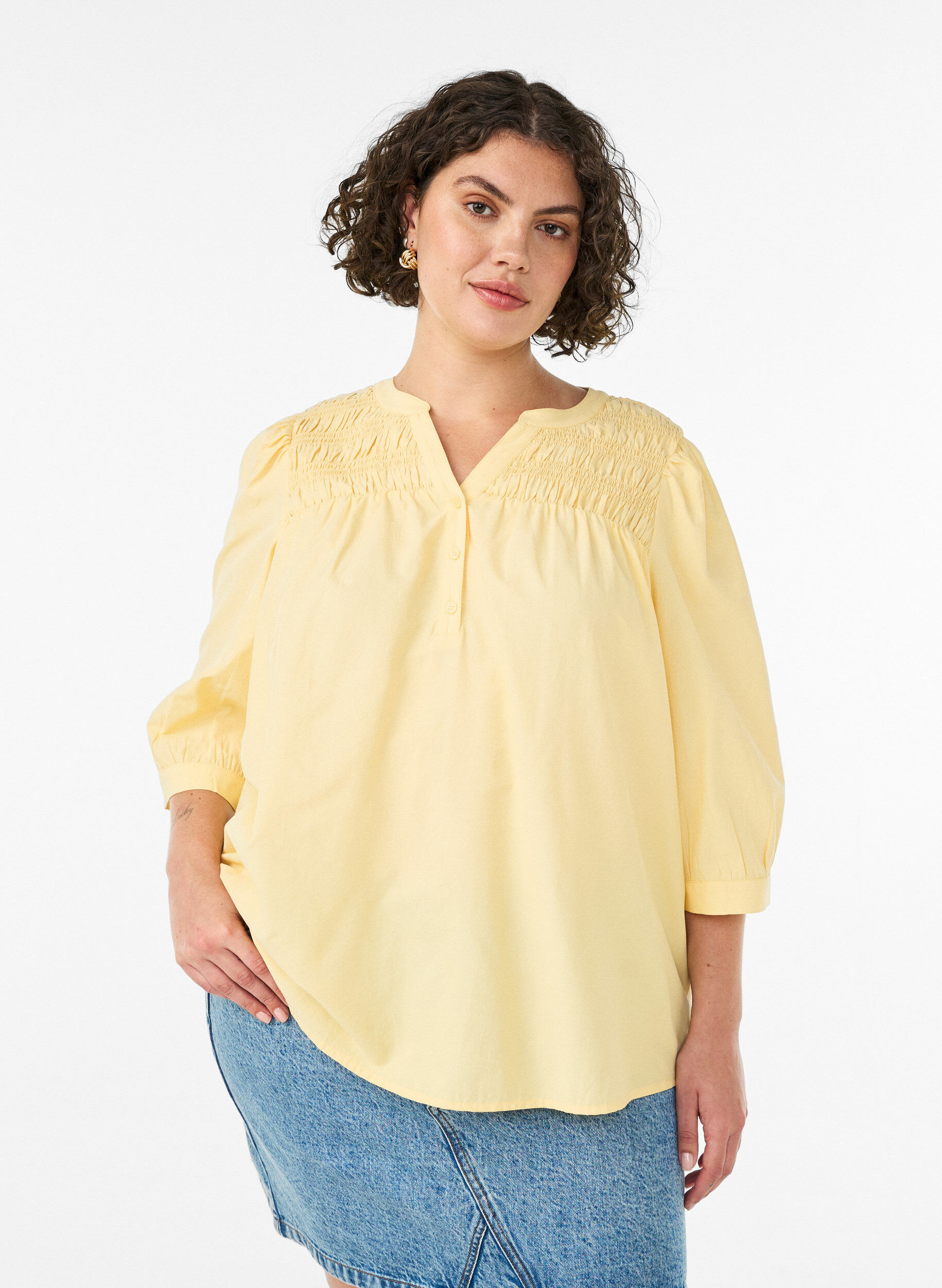 Blus med smock och 3/4-&auml;rmar, Gul, Model