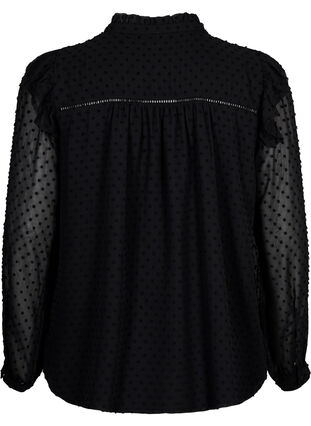 Skjortblus med volanger och prickig textur, Black, Packshot image number 1